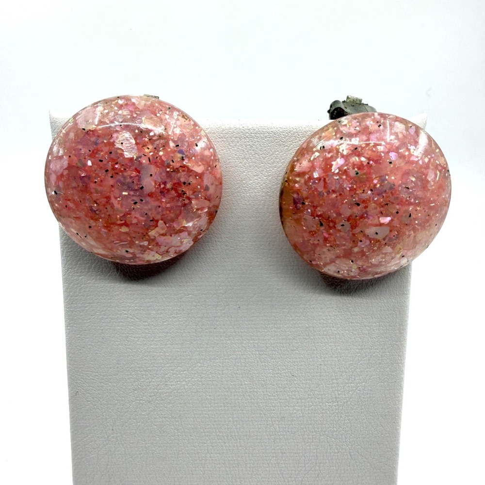 Sparkly Pink Resin Clip-On Dome Earrings - Retro Coquette Accessory